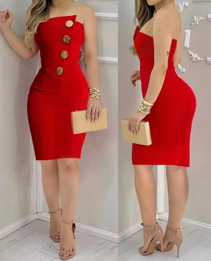 

Slim Fit Front Metal Button Bodycon Party Mini Dress for Women Full Length for Sexy and Elegant Women