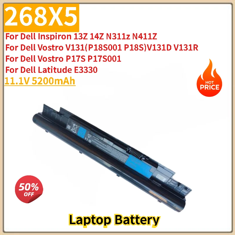 High Quality Laptop Battery 268X5 11.1V 5200mAh For Dell Vostro V131 V131D V131R P17S P17S001 Inspiron 13Z 14Z  N311z N411z