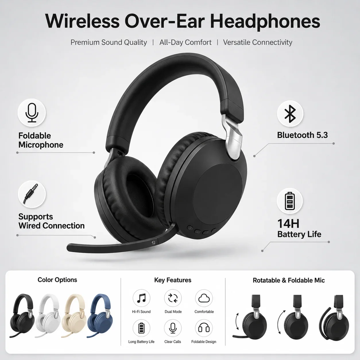 Over-Ear Gaming Headset Bluetooth Headphones, Bluetooth 5.3, 40mm Dynamic Driver, Hi-Fi Sound, 14H Battery Life, Clear Calls