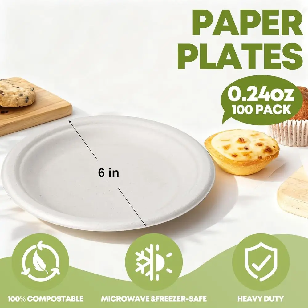 6 Inch Heavy-Duty Compostable Paper Plates - Ideal for Parties, Picnics, and Everyday Use