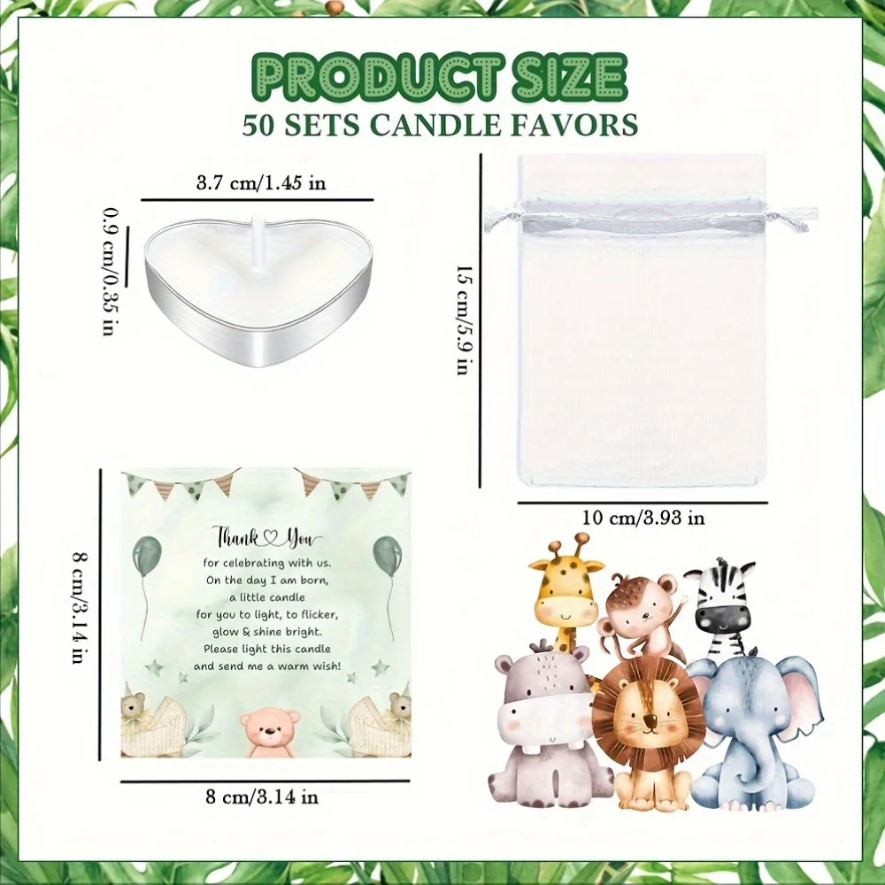 50 مجموعة من شموع استحمام الطفل، شموع قلب صغيرة لطيفة مع بطاقات وحقائب هدايا للكشف عن الجنس، ديكور الحفلات