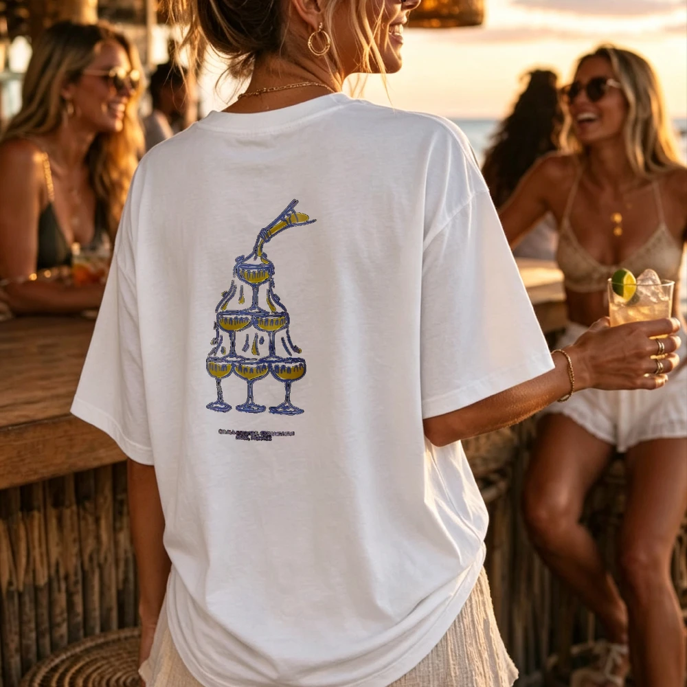 Crew Neck Short Sleeve Ring Print T Shirt for Men Women Beach Club Martini Glass Cocktail Pyramid Design High Quality Cotton Top