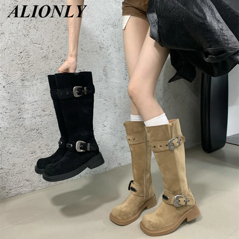 

Alionly/2026, новые женские сапоги выше колена с круглым носком и квадратным высоким каблуком на молнии, осенне-зимняя обувь на платформе в стиле панк