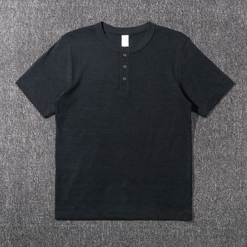 Ami الكاكي الثقيلة الخيزران القطن الرجال قصيرة الأكمام تي شيرت هنري طوق الأمريكية الرجعية فضفاضة لينة قاع قميص الصيف #6