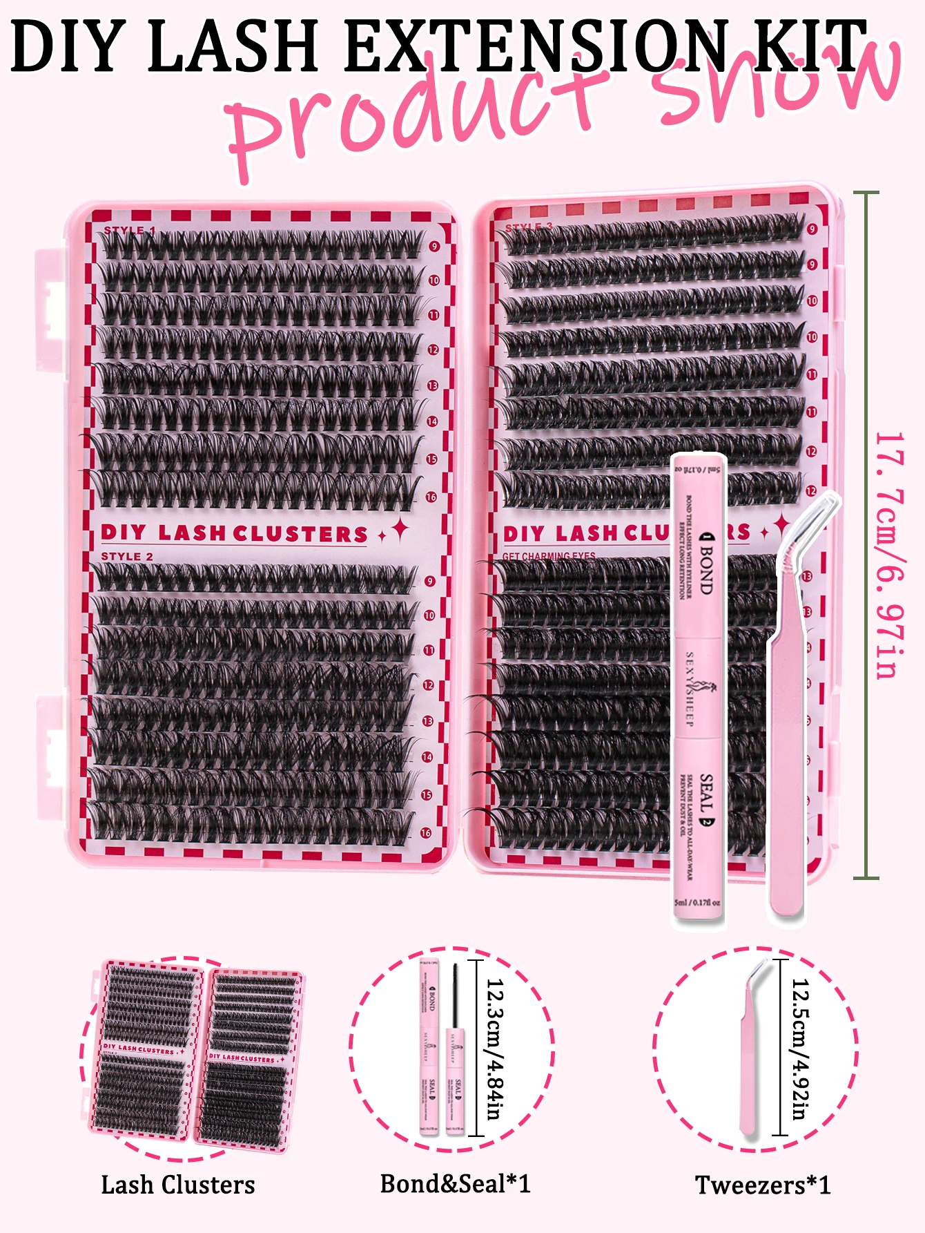 DIY-Wimperncluster-Set, großes Fassungsvermögen, mit Wimpernbindung und Versiegelung, Wimpernpinzette, flauschiges Wimpernverlängerungsset zum Selbermachen zu Hause