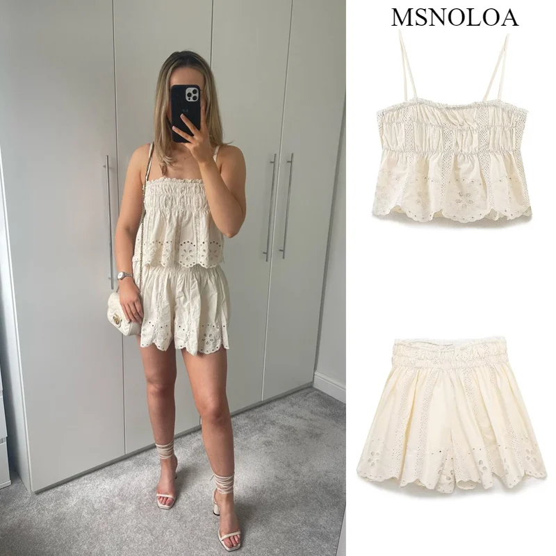 MSNOLOA Woman 2 Pieces Shorts Sets 2024 New Fashion Embroidered Suspender Top Women Suit Two Piece Set Women Shorts Outfit