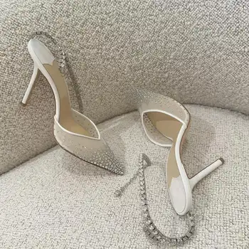 2025年新款網眼熱鑽性感百搭尖頭淺口水鑽鏈高跟包頭涼鞋女款 8 最佳銷售 鑽石高跟鞋 - №1