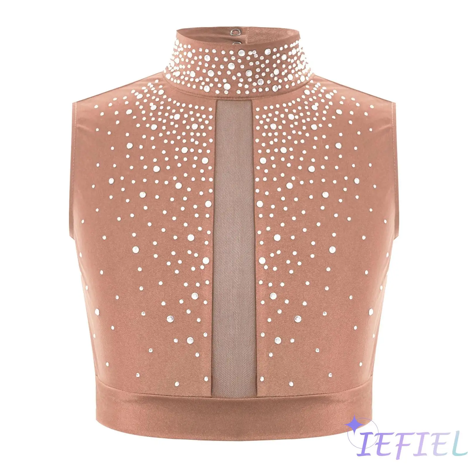 Ginnastica per ragazze Pattinaggio di figura Danza Top Lucido increspato Sheer Mesh Overlay Una spalla Top corto per la danza moderna del salone