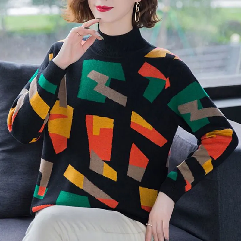 Commute Geometric Spliced Knitted Jumpers Female Clothing Vintage Screw Thread Autumn Winter Casual Half High Collar Sweaters