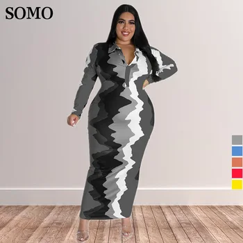 Somo 5xl plus size roupas femininas moda impresso lapela vestido de festa senhora manga longa outono maxi vestidos atacado dropshipping