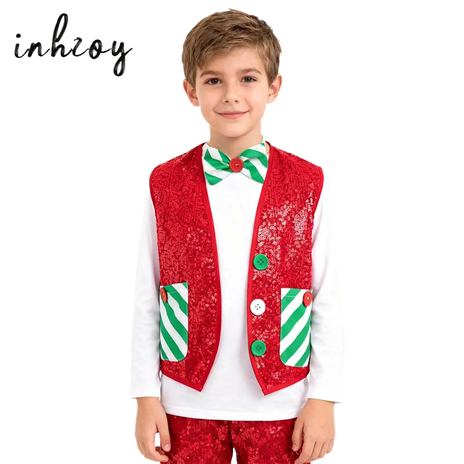 

Girls Boys Christmas Santa Claus Elf Costume Sequins Sleeveless Pockets Vest Waistcoat Jacket with Bow Tie for Latin Jazz Dance