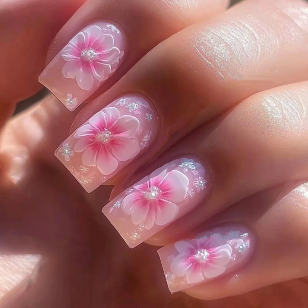 Mittellange künstliche Nägel für Frauen und Mädchen, Farbverlauf in Nude-Rosa, Frühlings- und Sommerblumen-Design, vollflächige quadratische Spitzen, Press-on-Nägel
