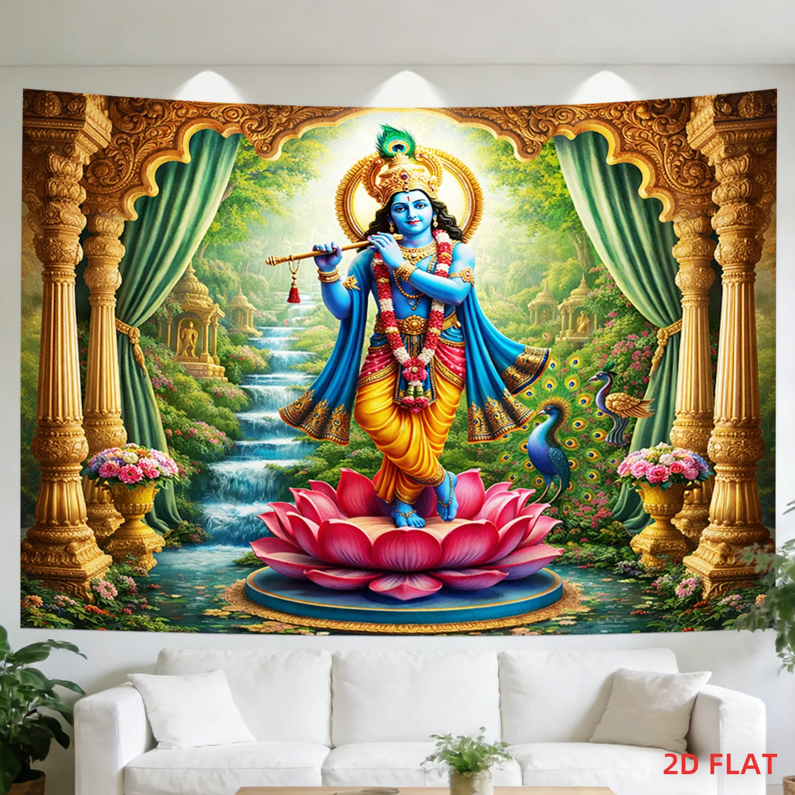 Lord Krishna Flute Tapestry, Blue God on Lotus & Peacock Wall Hanging, Hindu Mythology Art, Vibrant Indian Spiritual Home Decor