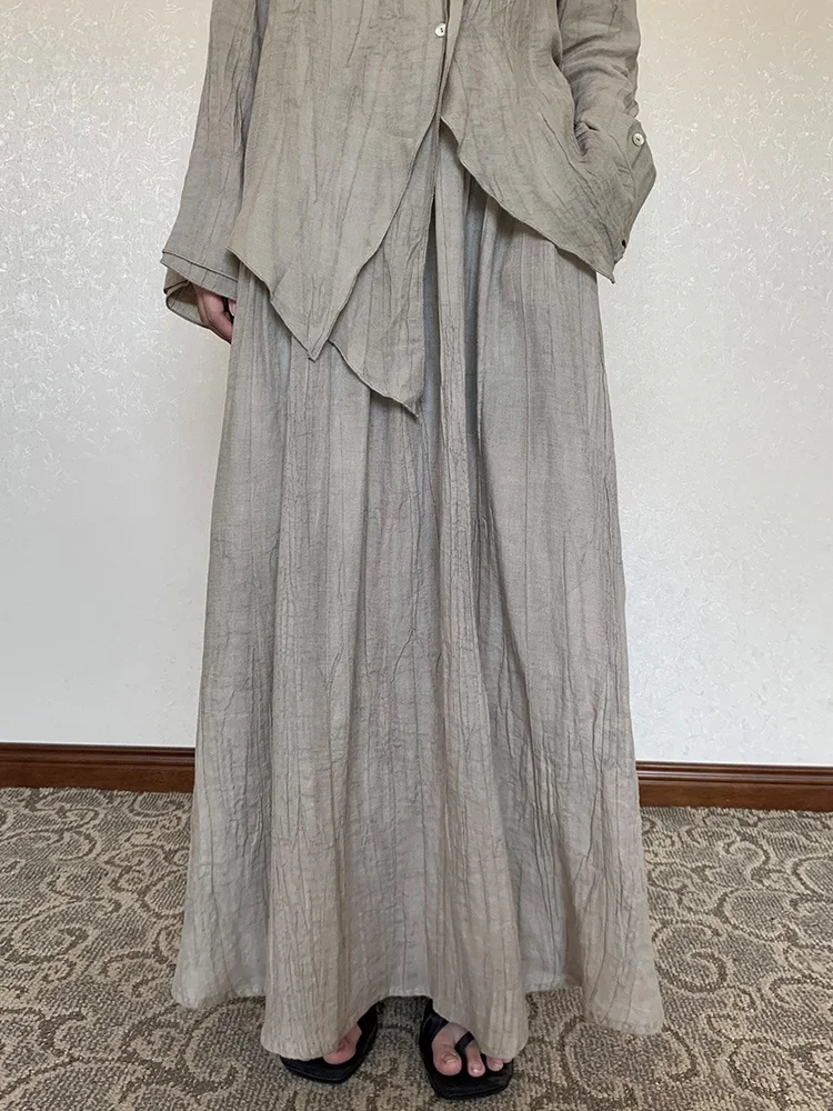 

Chill Dyeing Flax Texture Cold Half Skirt Kaki Apricot Pleated A-Line Silk Skirt Leisure Casual Pure Color mid Waist Design