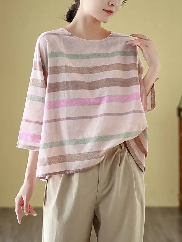 

Легкая дышащая женская футболка свободного кроя из хлопка и льна в стиле ретро с полосками, летняя, без рукавов...