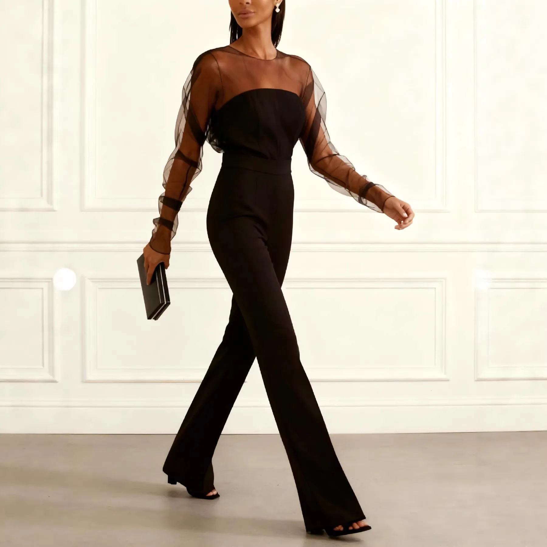 2025 New Sexy Strapless Mesh Splice Slim Fit Butt Lifting One-Piece Pants Long Trousers Fashionable Women's Clothing