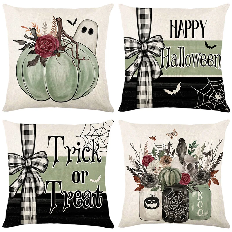

45x45cm Set of 4,Halloween Pillow Case,Happy Halloween Linen Sofa Bed Throw Cushion Cover Decoration