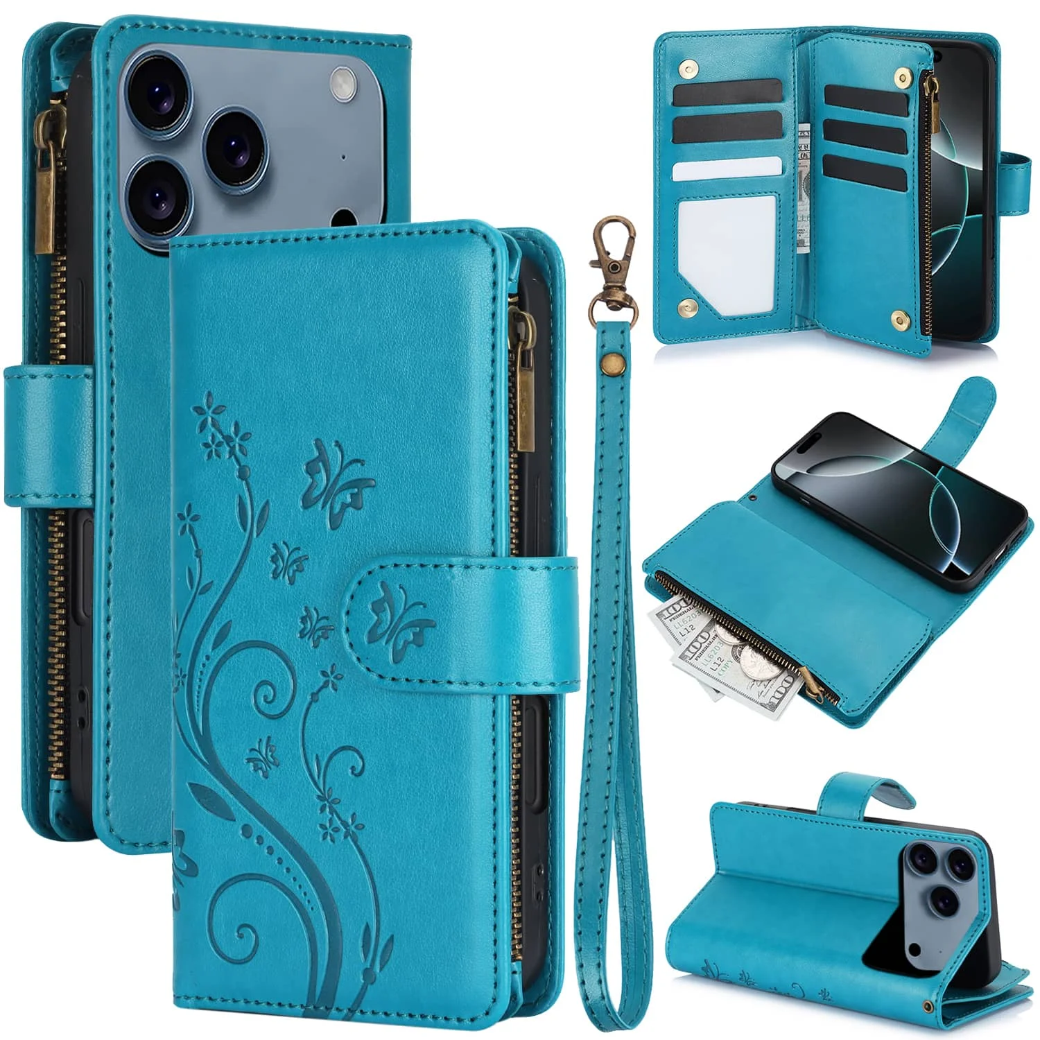 

WEFOR Wallet Case for iPhone 17 16 Pro Max 16e, 6 Card Slots Cash Slot Zipper Pocket, Detachable Wrist Strap, Magnetic Closure