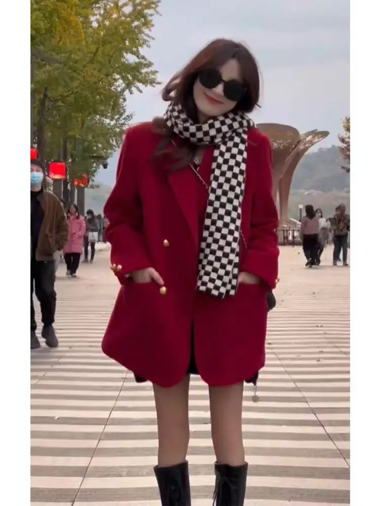 Christmas and New Year Battle Robe 2022 Autumn and Winter New Rich Heiress Mid-length Thickened Red Woolen Suit Coat for Women