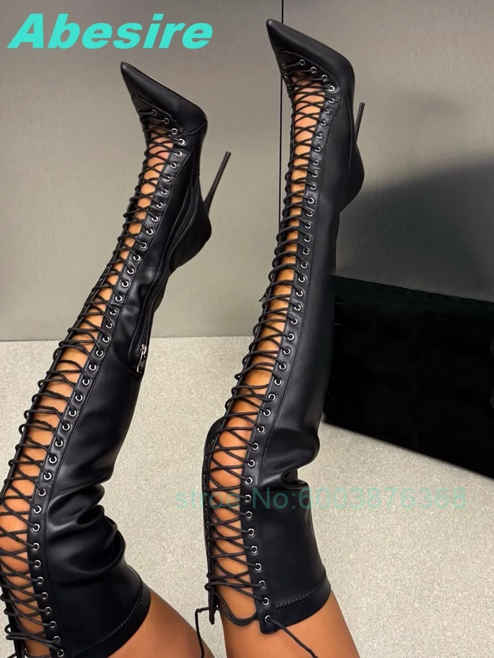 Sexy Hollow Out Lace-Up Over The Knee Boots Cross-Tied Pointed Toe Cutout Women's Boots Nightclub Runway High Heels Shoes