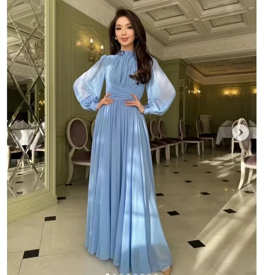 2024 nuova estate autunno abito lungo in Chiffon elegante donna colletto alla coreana diamanti lanterna manica a vita alta Prom Party Robe Vestidos