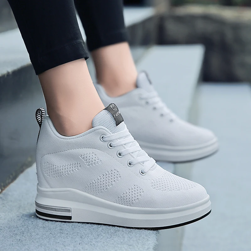 8.5CM Heel Women Walking Fitness Mesh Lace-up Light Loafer Summer Sports Shoes Outdoor Flats Breathable Sneakers Size 34-39