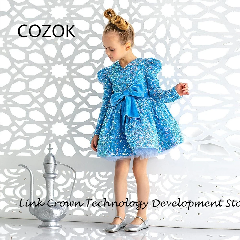 COZOK Scoop Blue Flower Girls Dresses with Sequined A Line Full Sleeve Christmas Dresses 2024 Summer Knee Length فستان عيد الميل