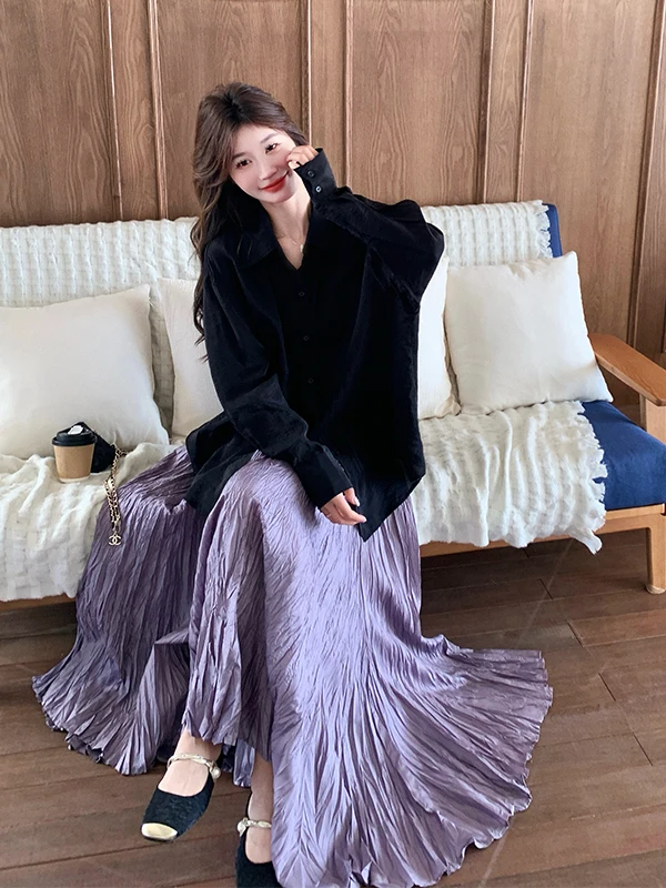 

Весенний модный комплект: фиолетовая плиссированная длинная юбка и топ, женский костюм-двойка 2025 года, новинка, элегантный, высококачественный, комплект из юбки и топа