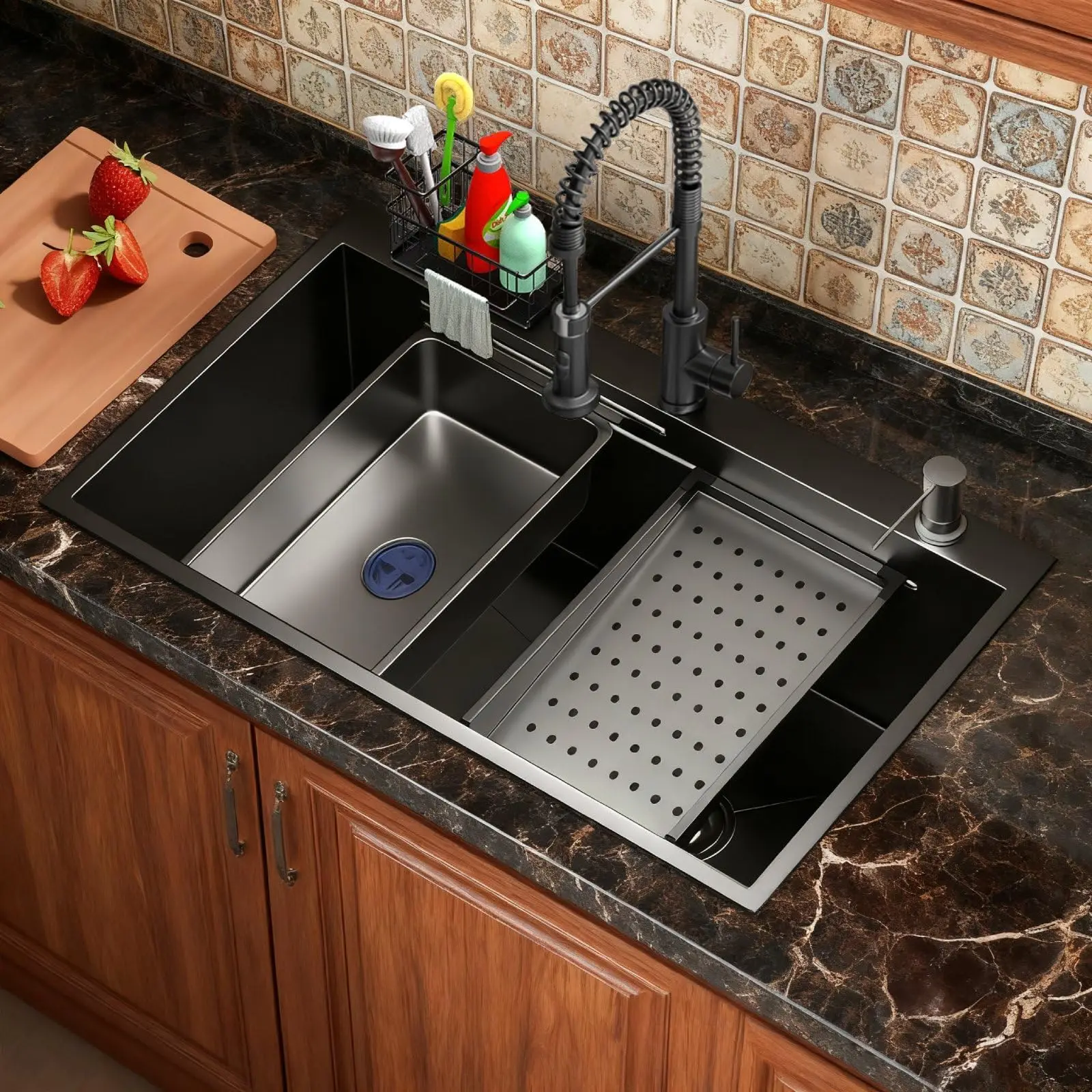 

30 Inch Black Stainless Steel Drop-In Kitchen Sink Set: Deep Single Bowl, 16 Gauge, With Pull-Down Faucet, Perforated Grid,