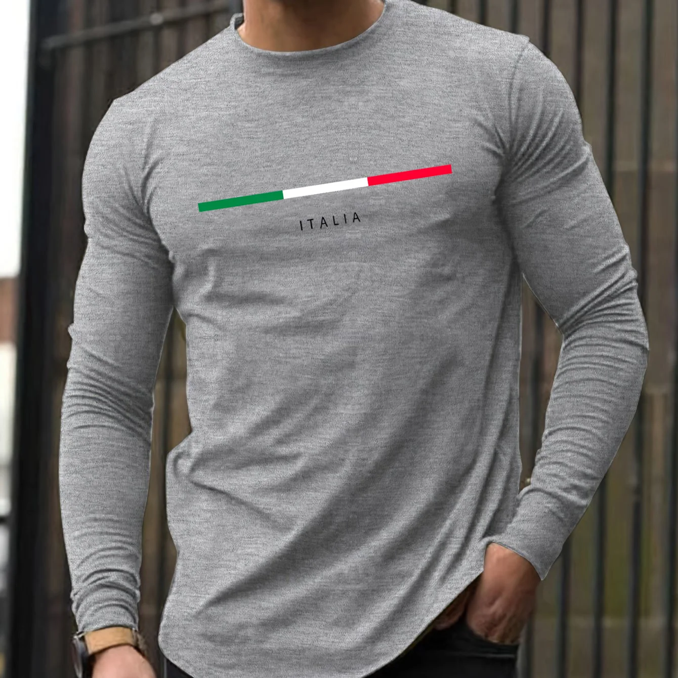 100% pure cotton men's long sleeved round neck loose ITALIA pattern printed spring and autumn casual versatile T-shirt top