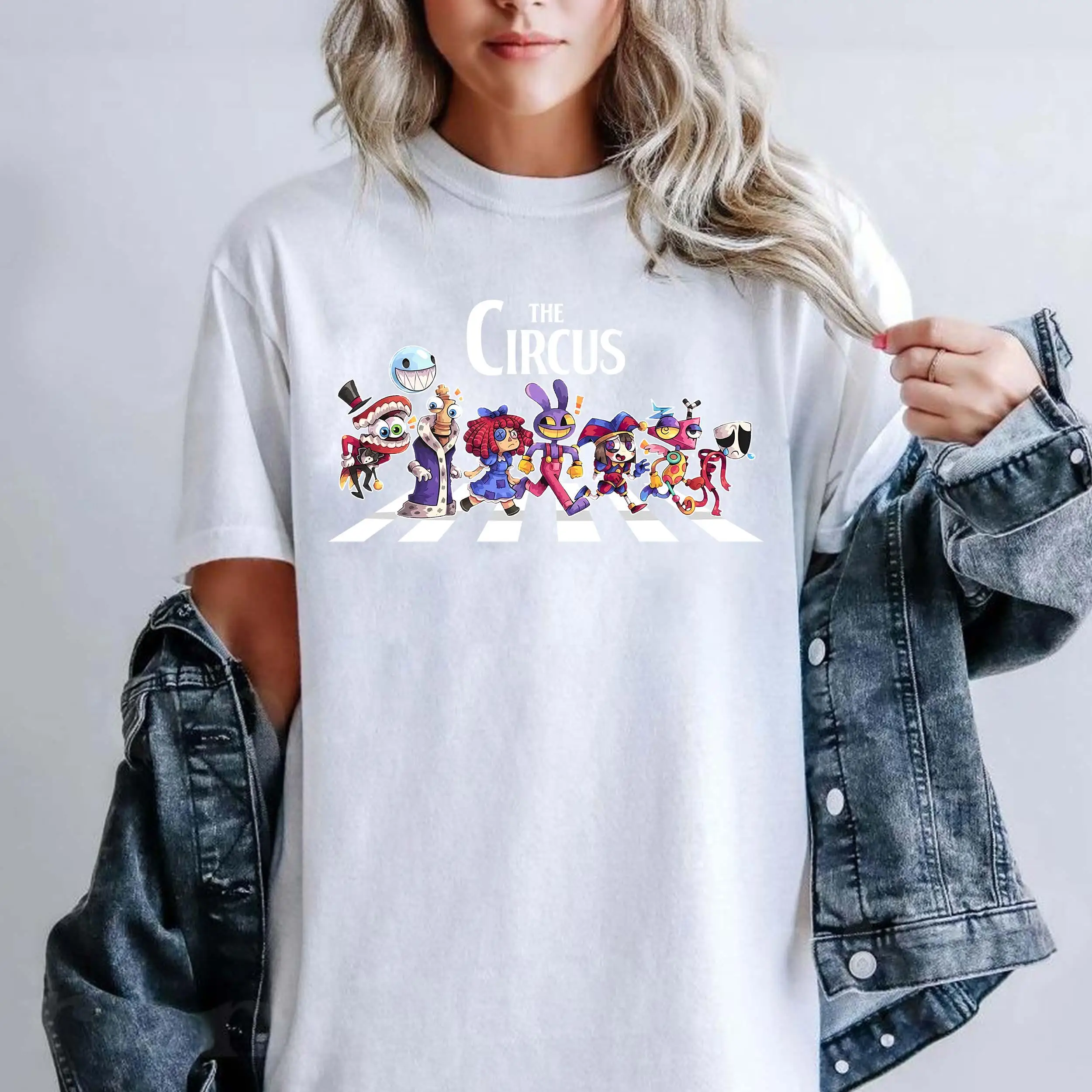 The Amazing Digital Circus T-shirt Cartoon Characters Abbey Road Style Print Unisex Short Sleeve Casual Graphic Tee Streetwear
