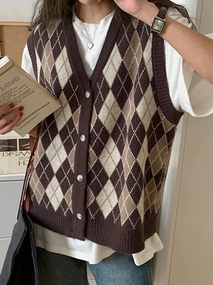 Colorfaith SWV1388JX 2023 New Sleeveless Checkered Waistcoat Women Autumn Winter Sweaters Vintage Korean Fashion Vest Lady Tops