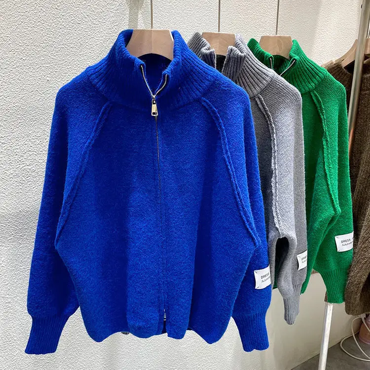 Cardigan sweater Surrounded zipper sweater cardigan female 2023 winter new loose lap-collar cloves wild casual sweater tops