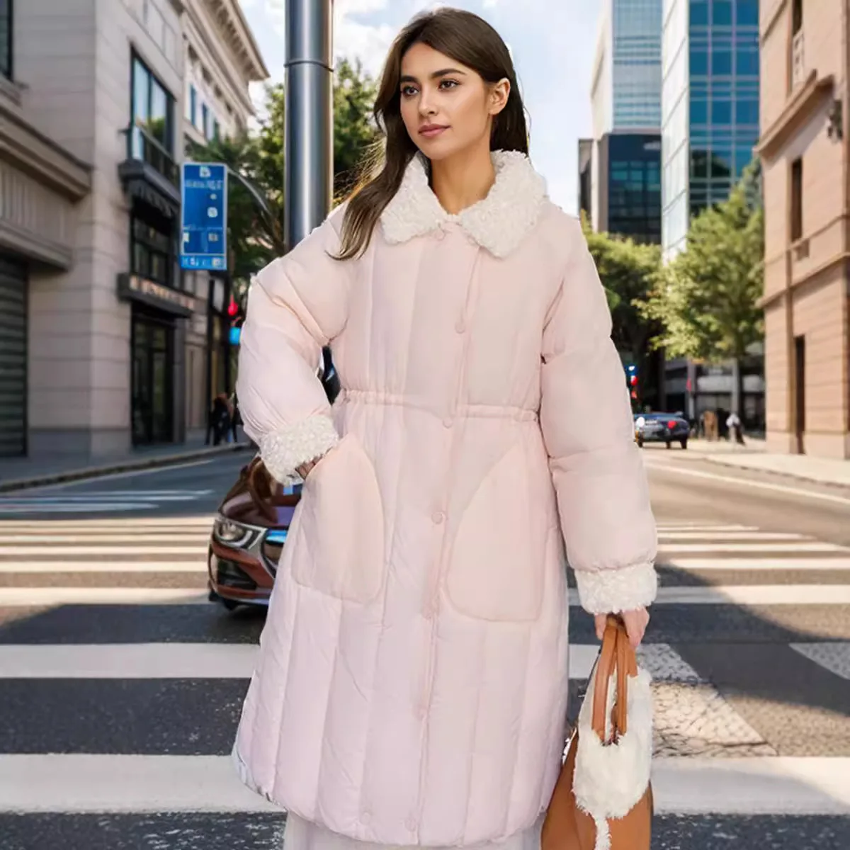 

2025 Winter Women's Long Cotton Jacket Female Pink Lamb Wool Collar Spliced Parkas Coats Women's Thicken Warm Winter Jackets