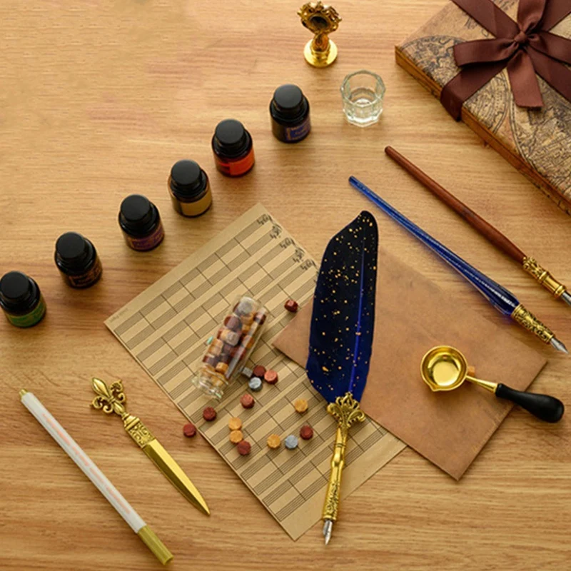 16 Stuks Antieke Veer Dip Kit Retro Houten Dip Pen Set Klassieke Lakzegel Stempel Kit Voor Kalligrafie Kunstwoorden Geschenken