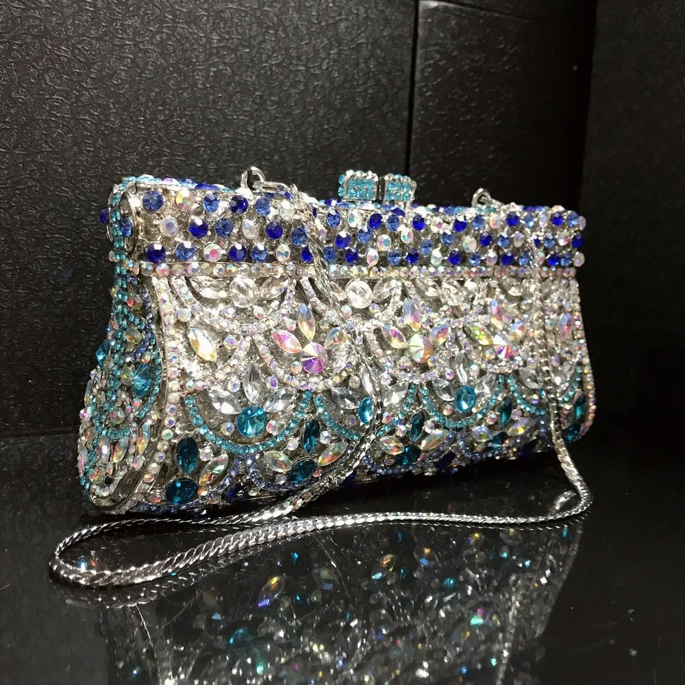 Blue Crystal Women Dinner Clutch Rhinestone Evening Bags Shiny Stylish Handbags for Female Luxury Designer Purse Party Bride Bag