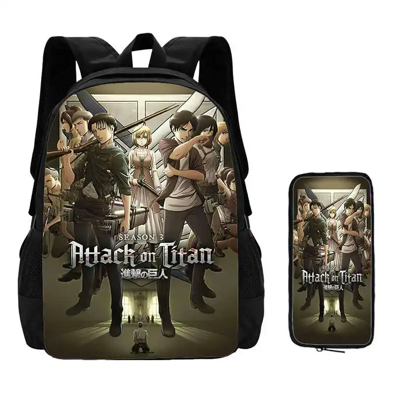 2Pcs Set Attack On Anime Titan School Bags with Pencil Bag,Custom Image School Backpack for Children,Cartoon Kids bags for Pupil