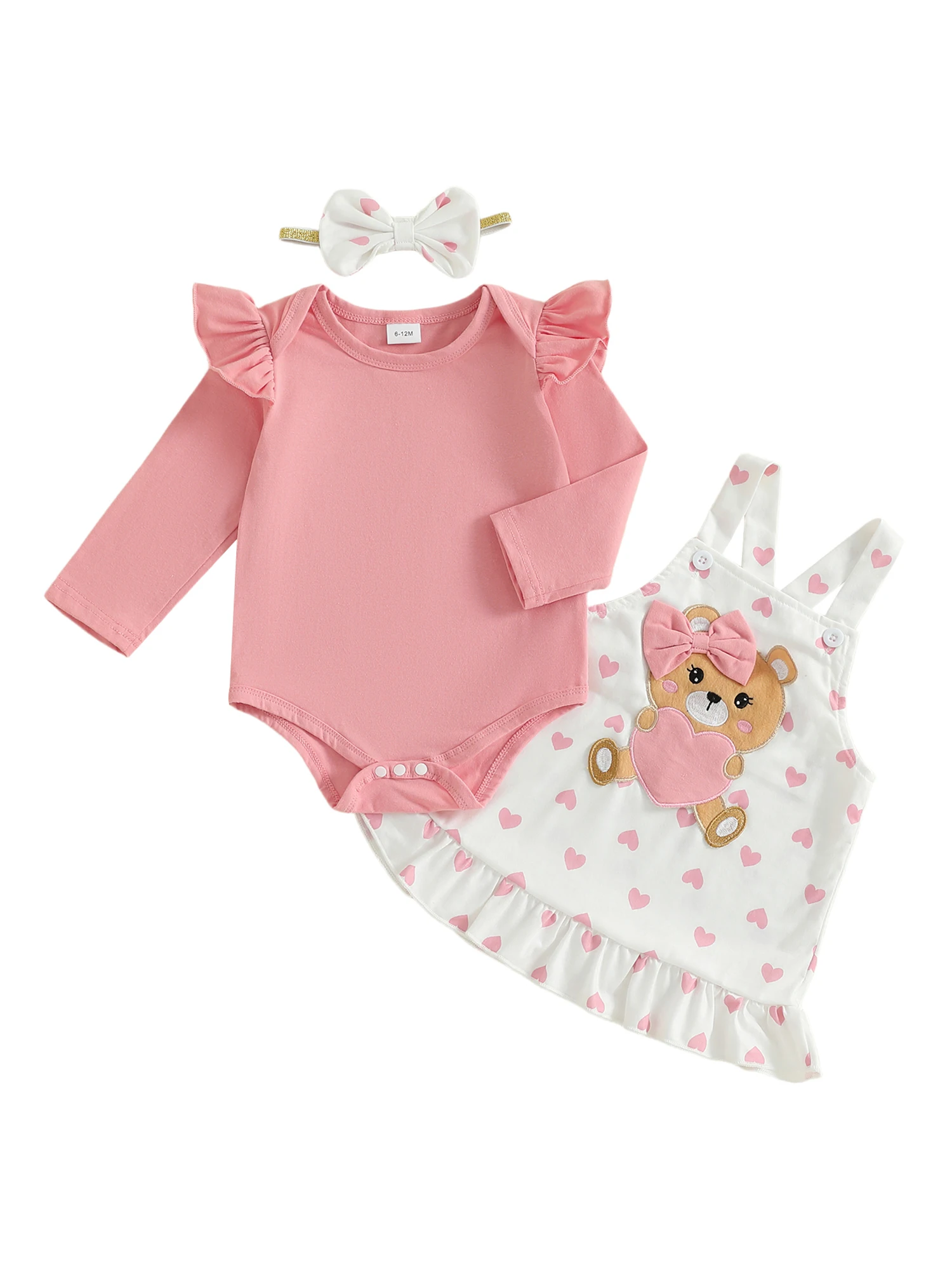 

Adorable Baby Girls 3 Piece Set with Long Sleeve Jumpsuit Bow Headband and Bear Embroidery Dress - Solid Color O Neck Outfit
