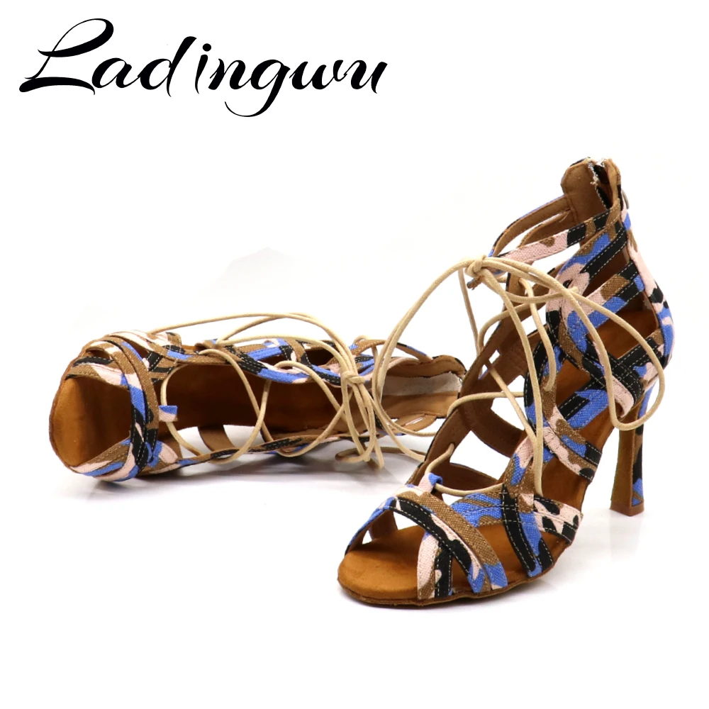 Ladingwu Dance Shoes Salsa Women Latin Soft Bottom Dance Boots Ballroom Dance Shoes Camouflage Texture Denim Latin Dance Shoes