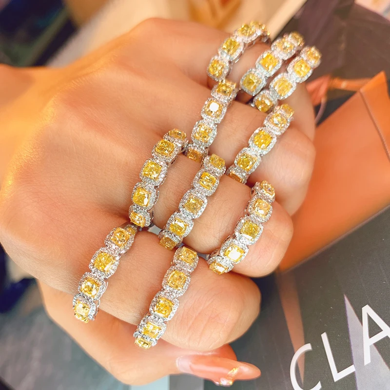 LUOWEND 100% 18K White Gold Rings Luxury Design Real Natural Yellow Diamond Engagement Ring for Women High Party Jewelry