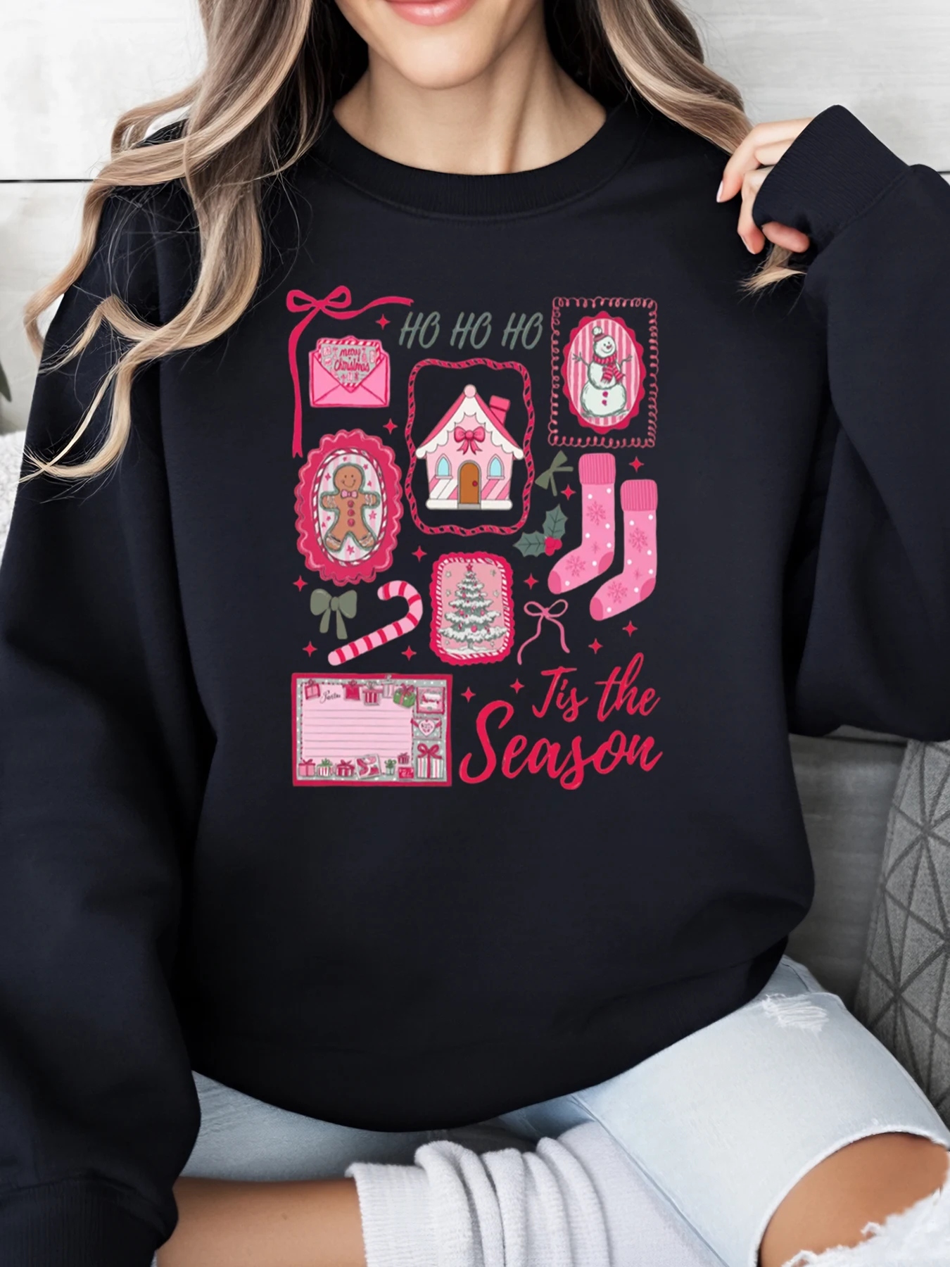 

Рождественский розовый праздничный дизайн Ho Ho Ho Tis the Season Толстовка женская повседневная зимняя праздничная одежда черного цвета больших размеров