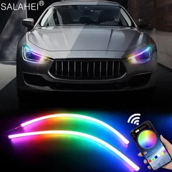 2PCS 12V DRL Car LED Daytime Running Light APP Control Flexible RGB Symphony Flowing Turn Signal Strip Headlight Decorative Lamp