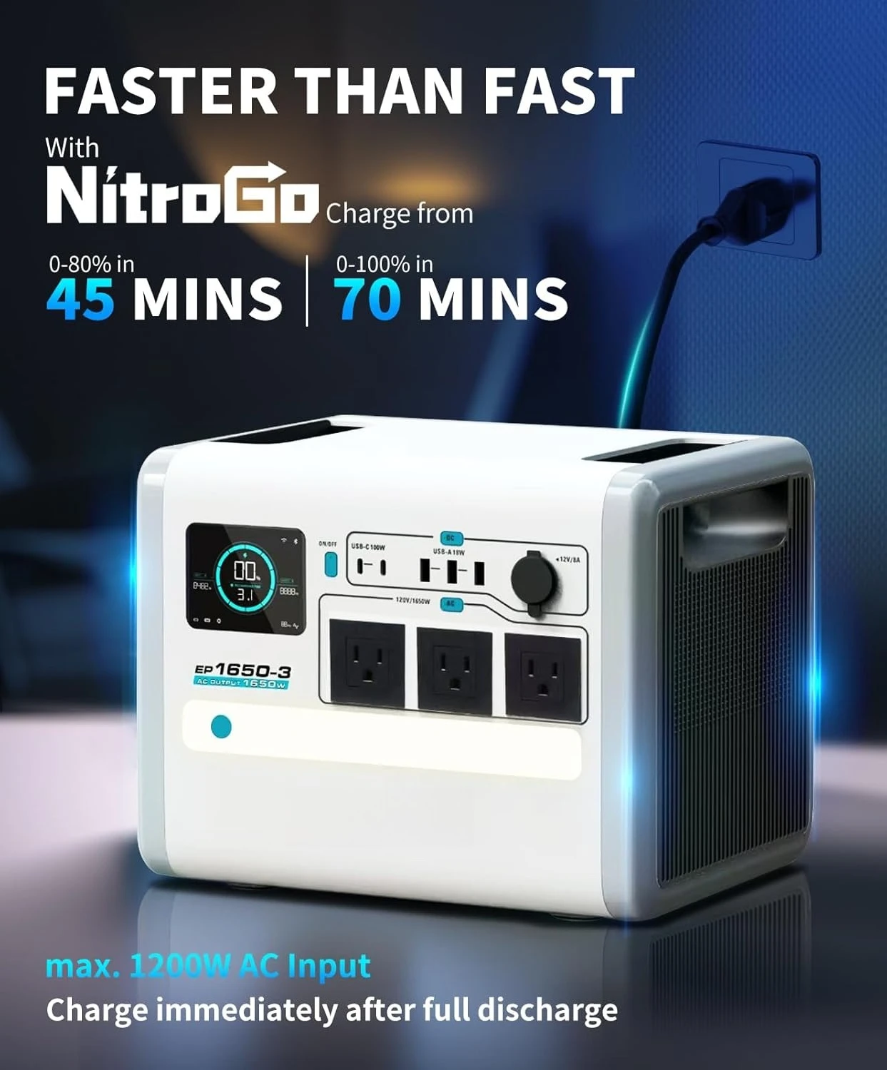 

EP1650 1024Wh LiFePO4 EVE Аккумуляторный солнечный генератор-резервуар питания 120В AC/DC/USB, 1650Вт (пиковая мощность 2200Вт) Мобильный источник питания