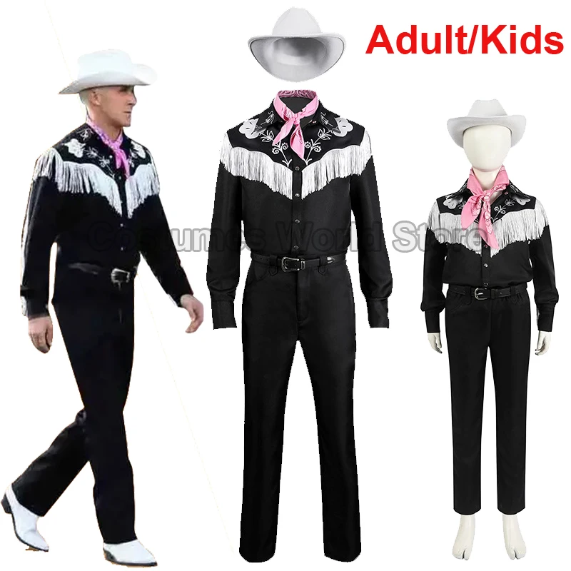 

Movie Ryan Gosling Ken Cosplay Costume Retro Black Embroidery Tassels Shirt Adult Kids Stage Performance Halloween Party Clothes