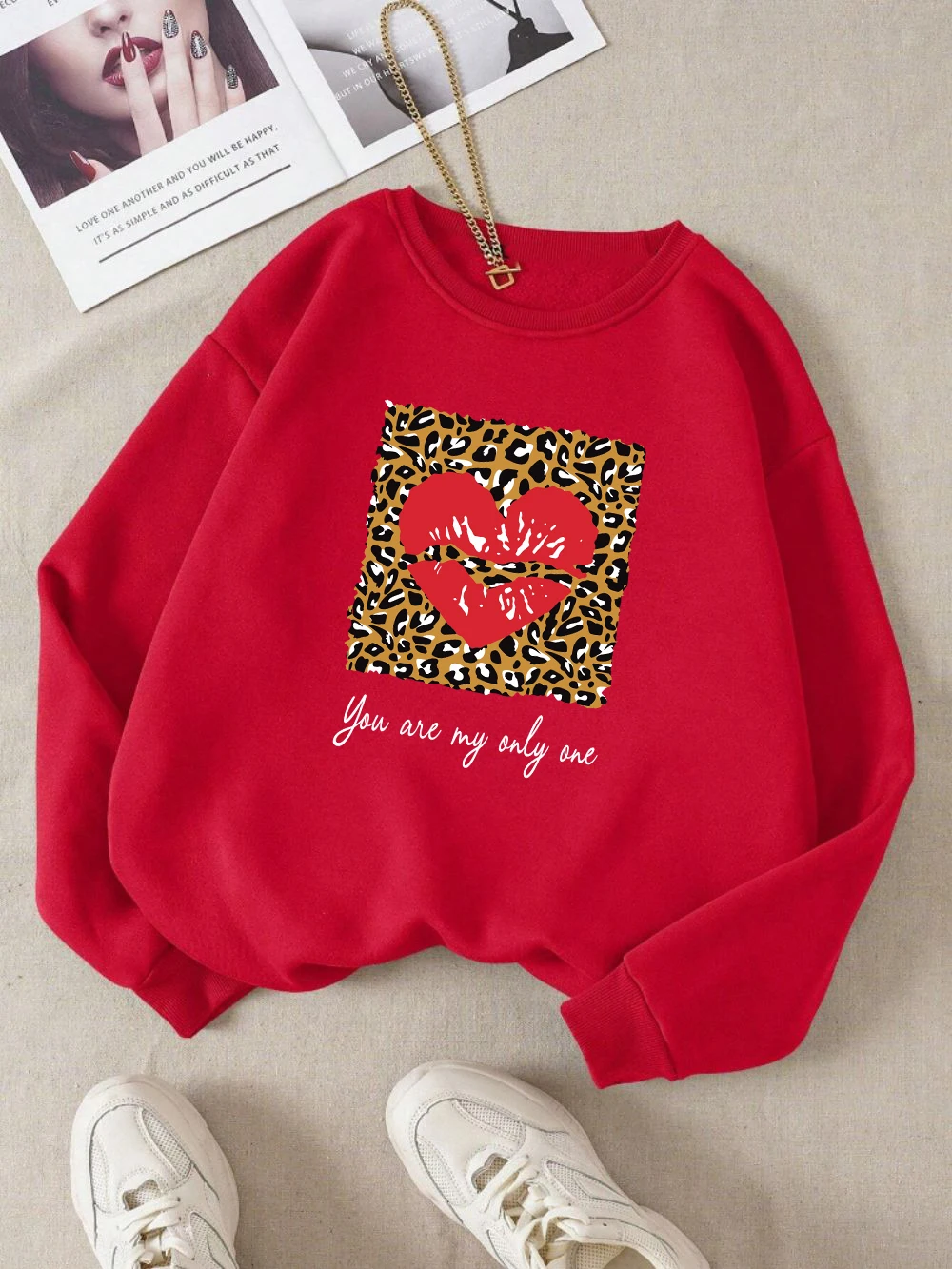 Autumn Womens Pullover Leopard Lip Love Graphic Printing Hoodie Loose Crewneck Warm Fleece Sweatshirt Street Female Clothing