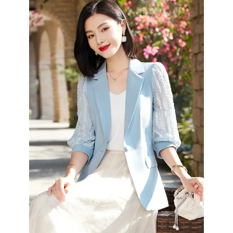 Blazer formel à manches trois quarts pour femme, veste de travail pour femme, manteau femme, bleu abricot, noir, printemps, été