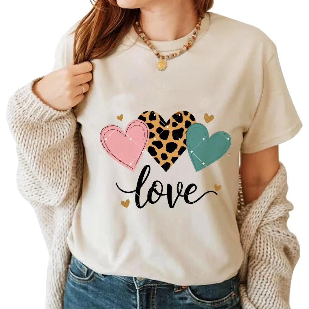 Cute Love Graphic T-Shirt - White Tee with Pink Leopard Print Teal Hearts Handwritten Love Lettering for Sweet Casual Fashion