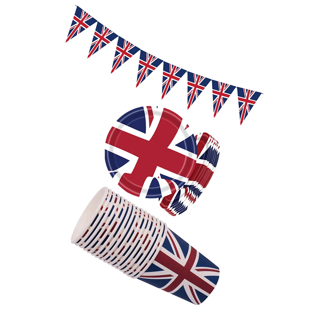 1 Set of Uk Flag Themed Paper Plates And Cups Party Banner Paper Cutlery patriotic paper plates tableware set