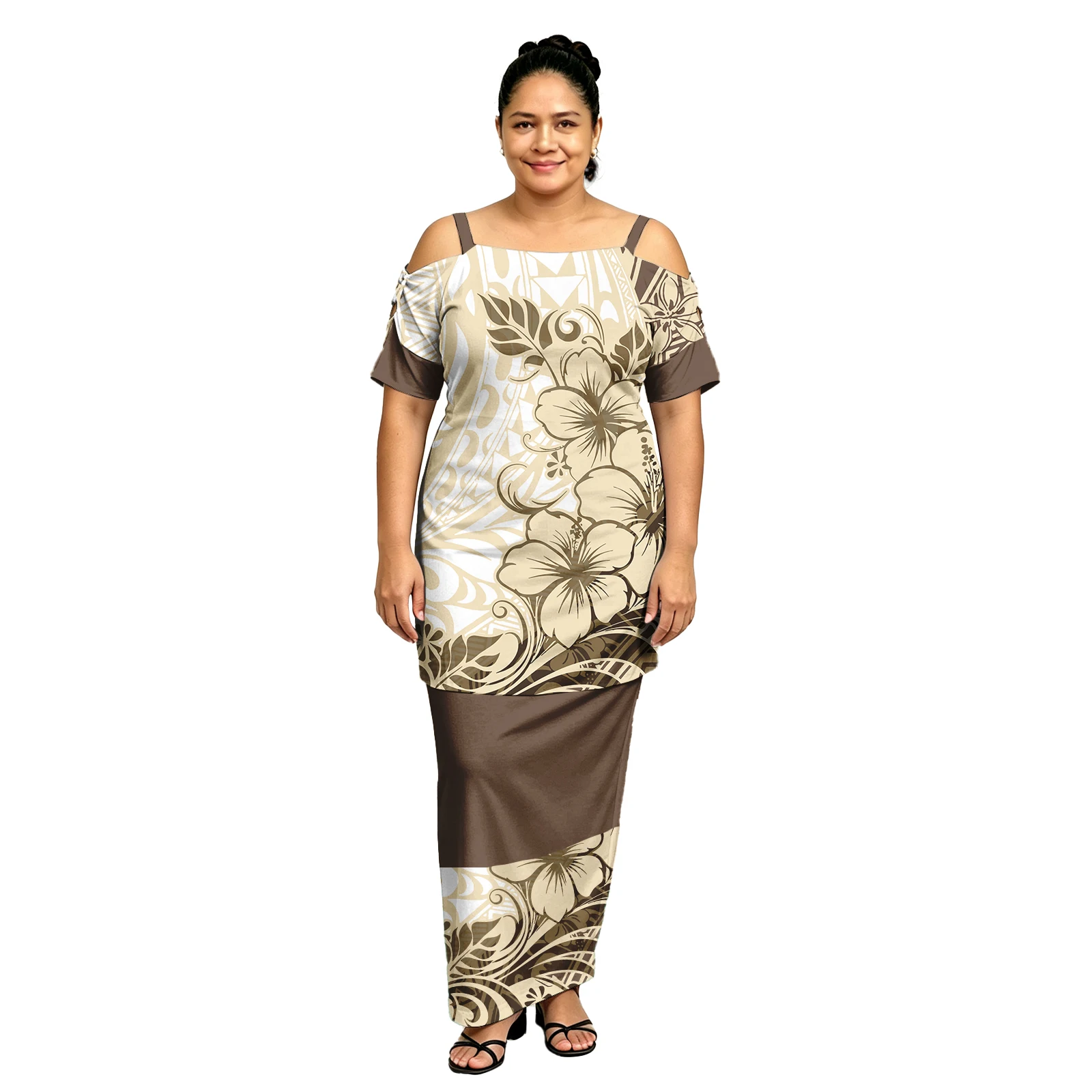 Puletasi Elegant Hibiscus Tribal Style Ladies Hollow Sleeve Samoan Puletasi Polynesian Custom Off Shoulder Women 2pc Set Dress
