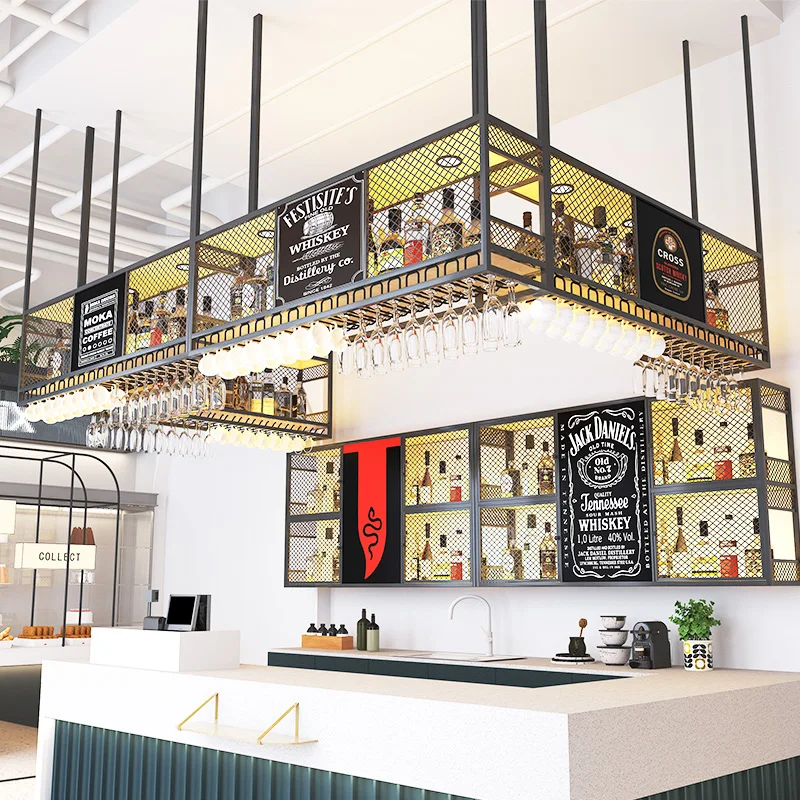 สไตล์อุตสาหกรรมชั้นวางไวน์แขวนตู้หรูหราจอแสดงผลการปรับแต่งไวน์ตู้ Creative Vinoteca เฟอร์นิเจอร์กลางแจ้ง